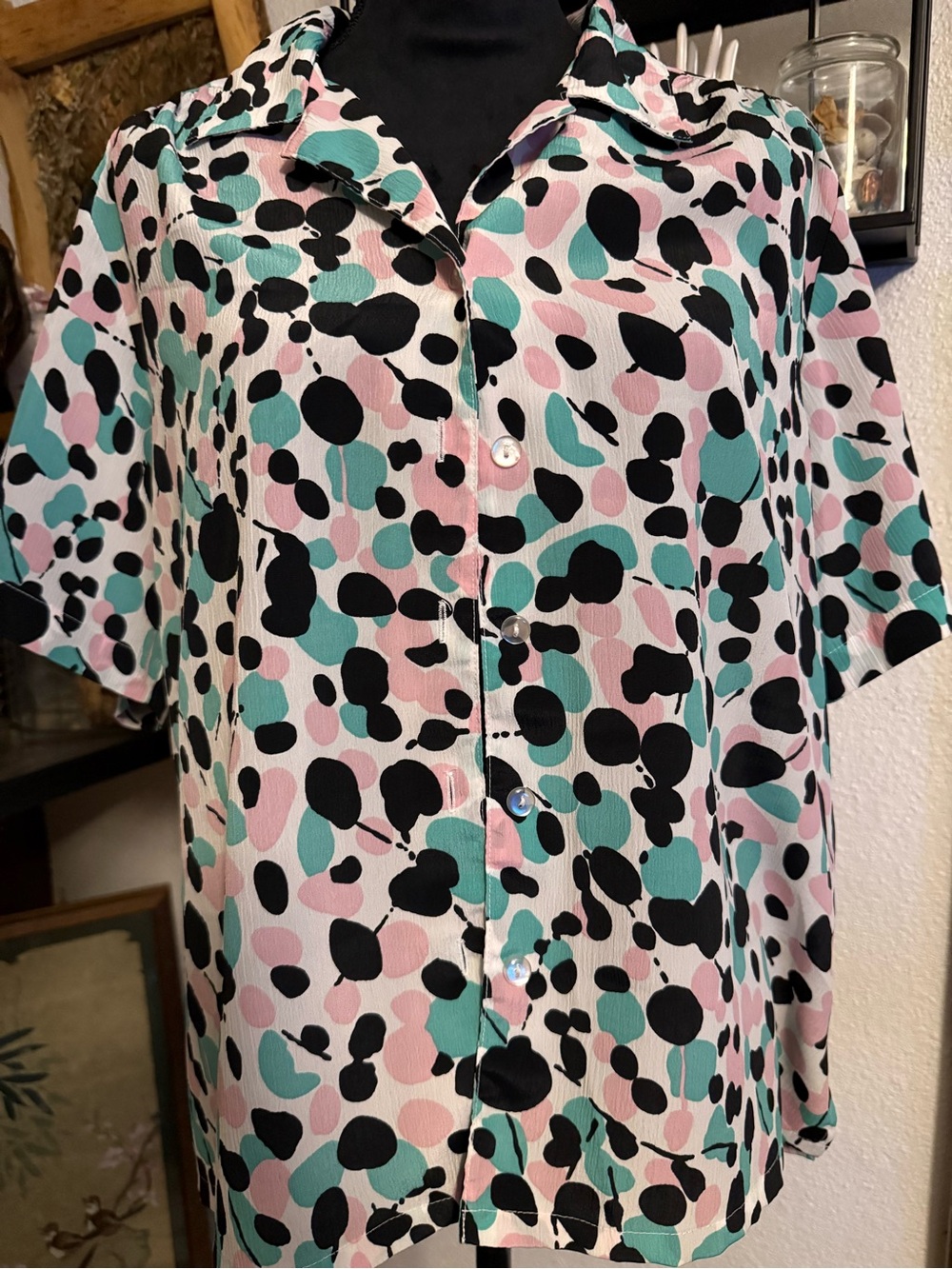 Vintage Donnkenny Abstract Paint Splatter Button Down Blouse Retro •Size LP•